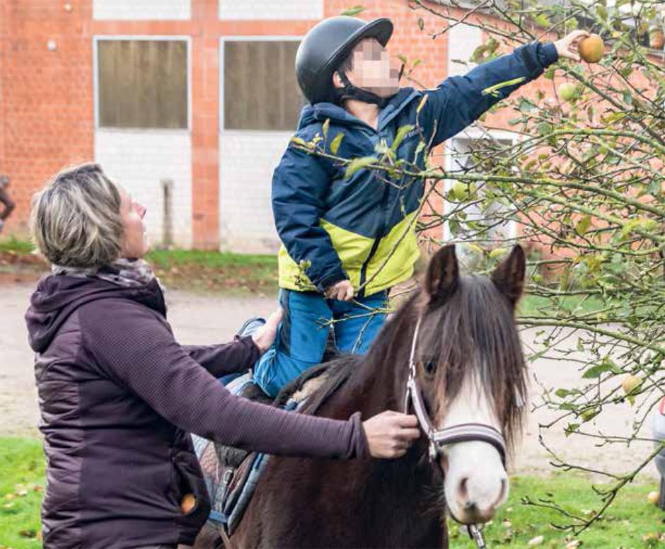 Mustafa auf dem Rücken des Ponys beim Pflücken eines Apfels. Links Reitpädagogin Andrea Block-Stoltenberg. Der Förderverein LANDerLEBEN in Schönkirchen unterstützt benachteiligte Kinder. 