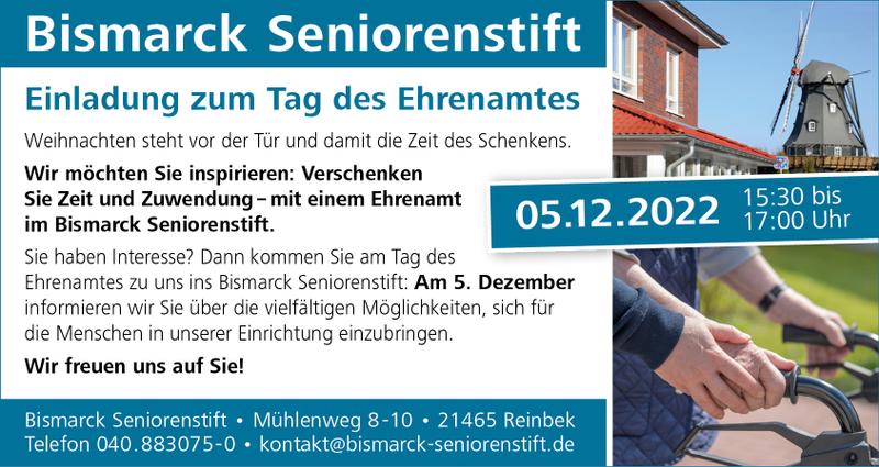 Einladung zum Tag des Ehrenamts am 5.12.2022 im Bismarck Seniorenstift