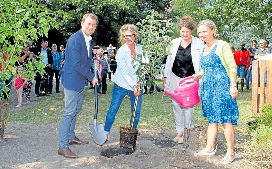 Ein Apfelbaum soll im Garten der Sinne für Schatten und für leckeres Obst sorgen: Beim Einpflanzen helfen (v.li.) Oberbürgermeister Ulf Kämpfer, Stadtmission-Gesch.ftsführerinKarin Helmer, Ina Halstenbach und Karin Peters vom Van-der-Camer-Haus mit. 